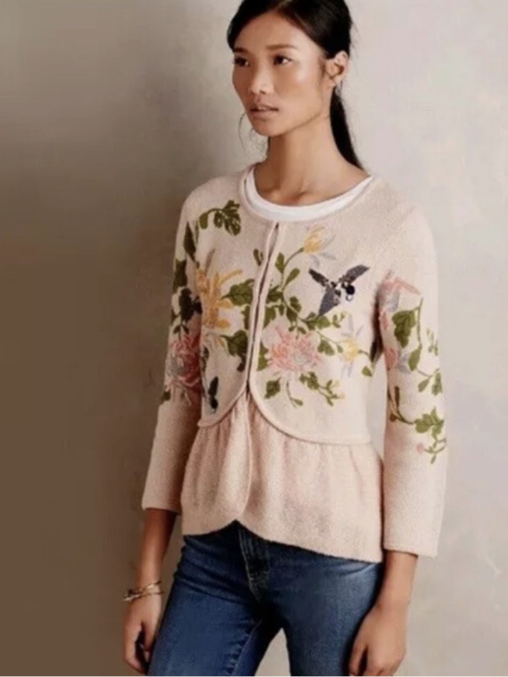 Anthropologie Moth Winged Wonder Embroidered Beaded Floral Bird Sweater